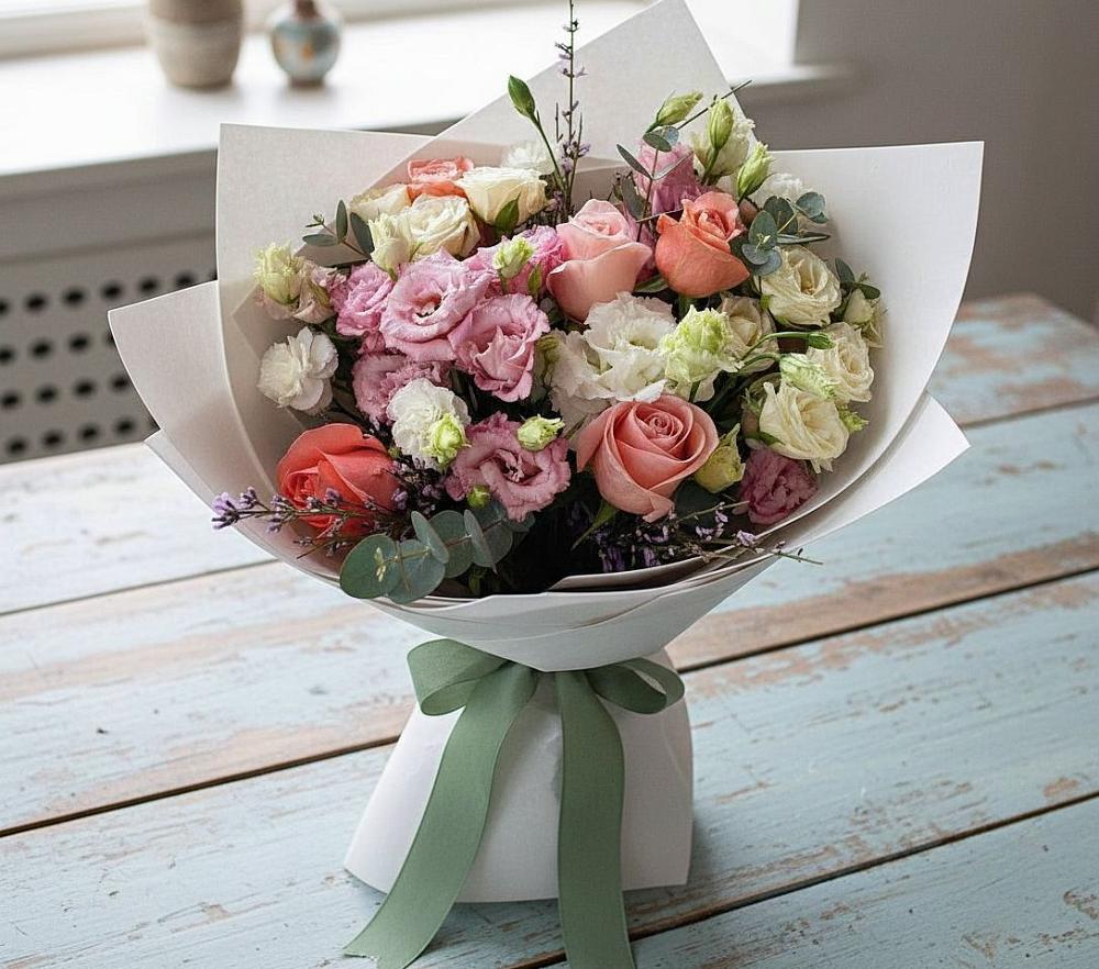 Букет цветов из: Розы, Лизиантусы и Гвоздики в Степном