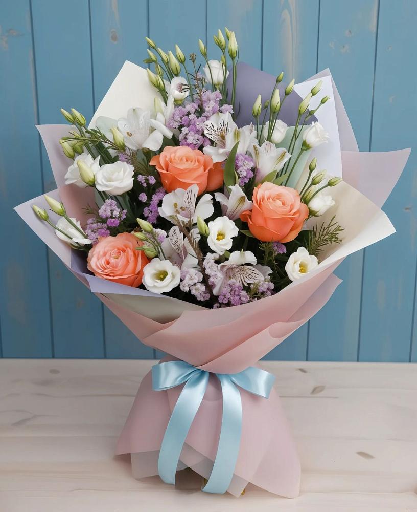 Букет цветов из: Лизиантусы, Розы, Альстромерии и Гипсофила в Степном