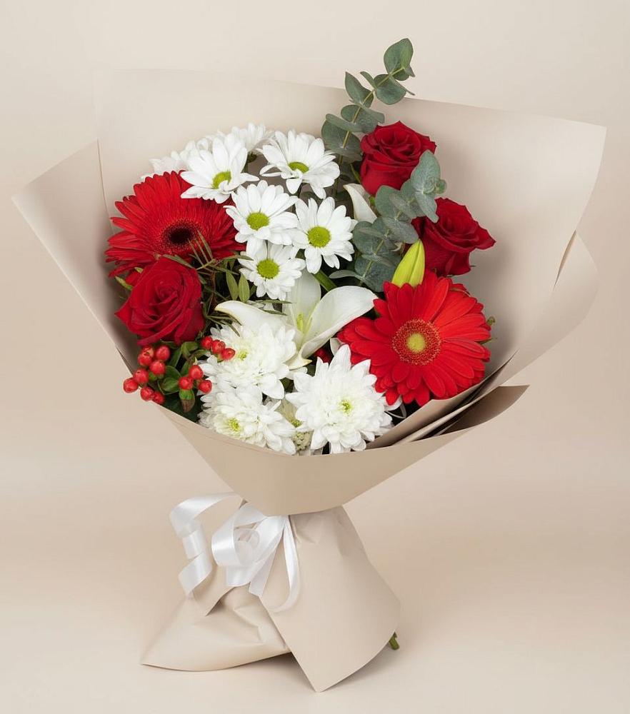 Букет цветов из: Розы, Хризантемы, Герберы и Лилии в Степном